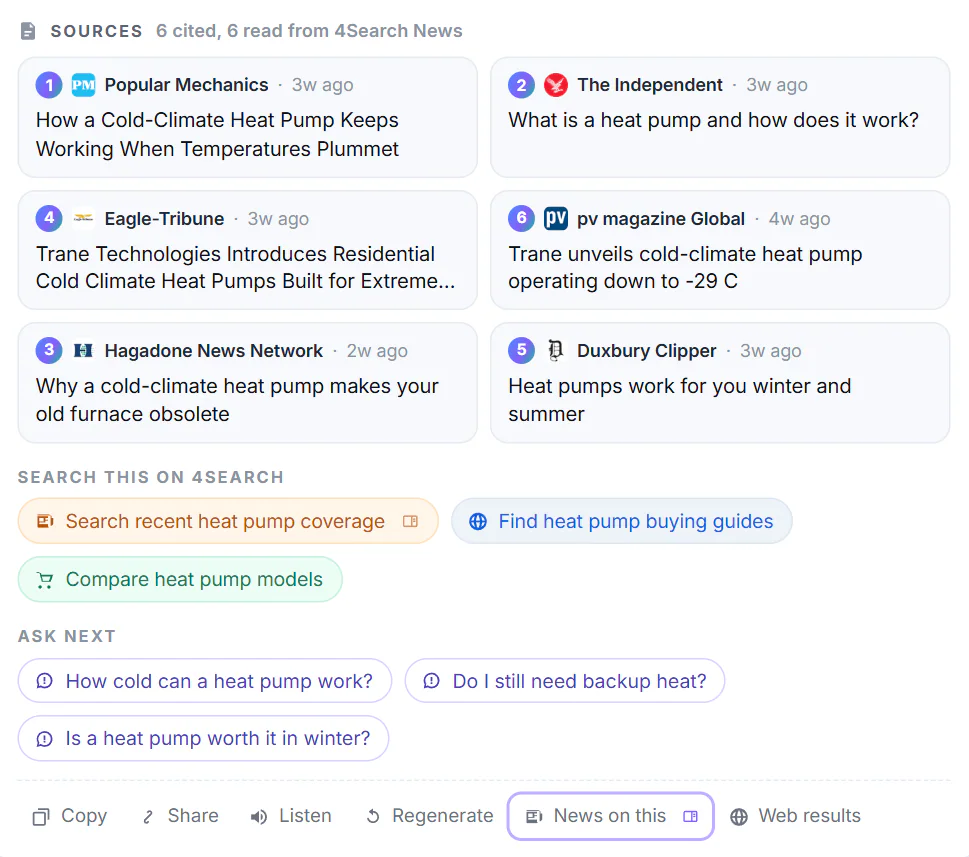 Under an AI Mode answer: the Sources box with the numbered articles it read, search chips, Ask next questions, and the Copy, Share, Listen, Regenerate and search buttons